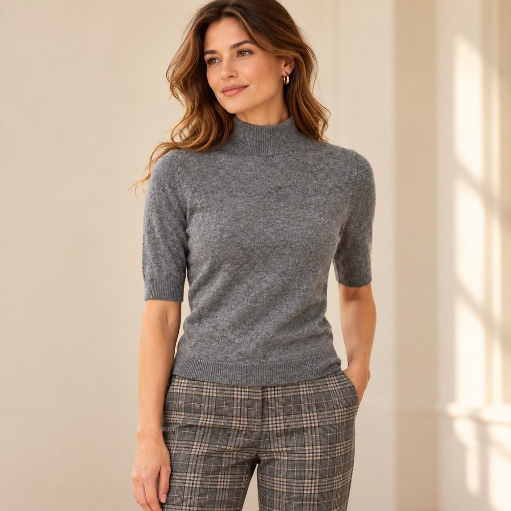 Charter Club Luxury Cashmere Mock Neck Short Sleeve Sweater Gray XS Quiet Luxury
